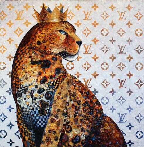 Highly decorative painting of a leopard wearing a crown